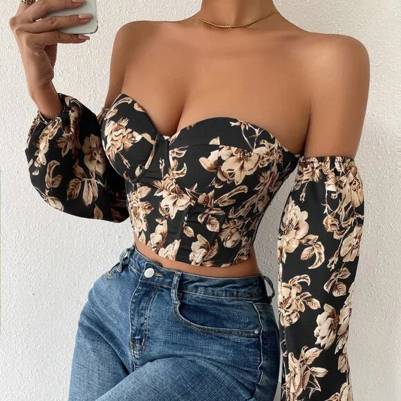 Multicolor Boho Women's Off Shoulder Floral Print Lantern Sleeve Crop Top - Picture 4 of 6